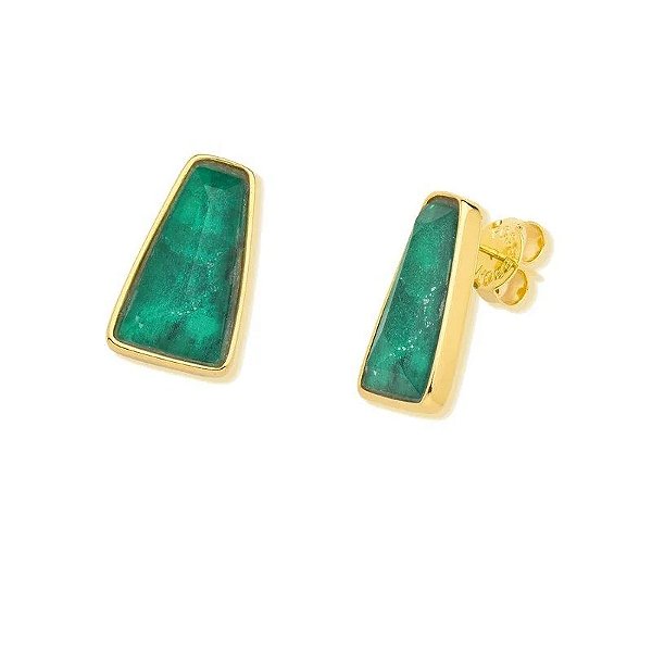 Brinco geométrico pedra natural esmeralda ouro semijoia