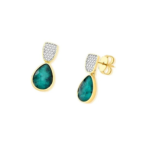 Brinco gota zircônia pedra natural esmeralda ouro semijoia