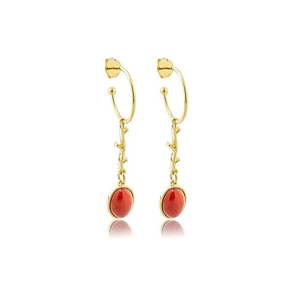 Brinco argola pedra natural ágata vermelha oval ouro semijoia