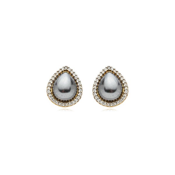 Brinco gota pérola shell grafite zircônia ouro semijoia