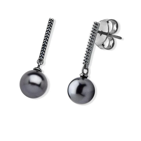 Brinco palito pérola shell grafite zircônia ródio negro semijoia