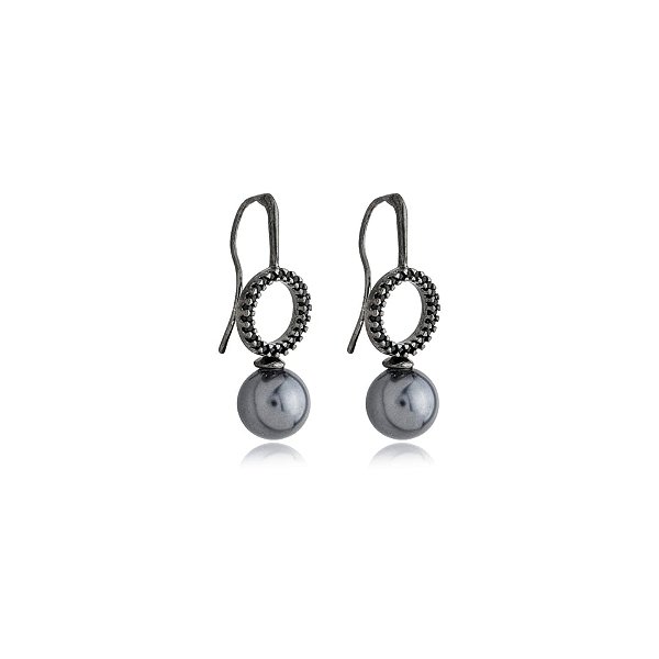 Brinco gancho pérola shell grafite zircônia ródio negro semijoia
