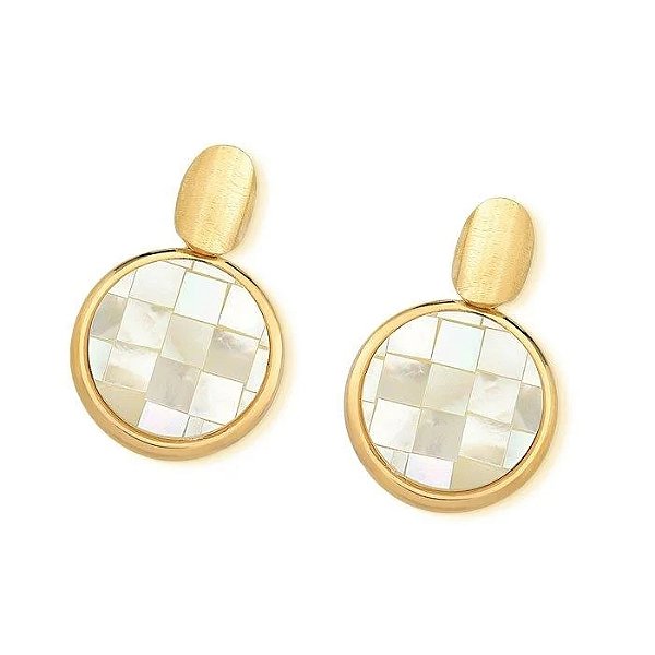 Brinco redondo madrepérola mosaico ouro semijoia