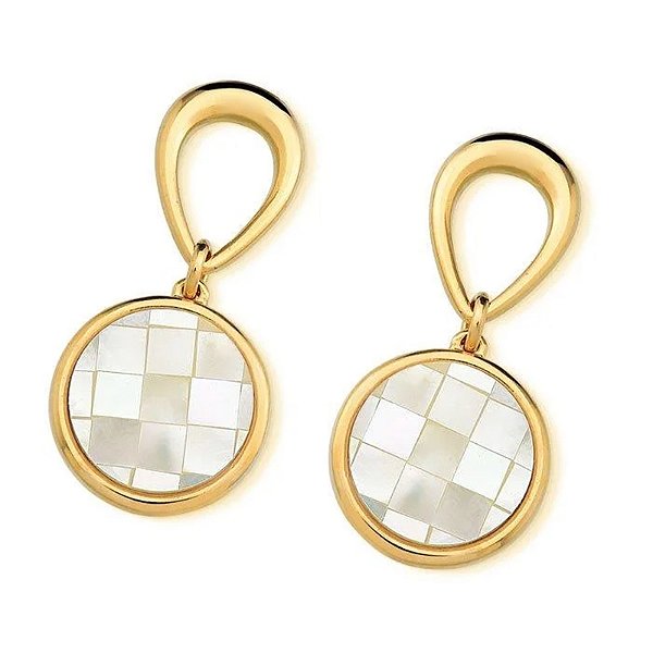 Brinco redondo madrepérola mosaico ouro semijoia