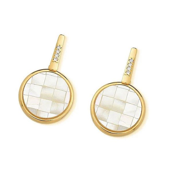 Brinco redondo madrepérola mosaico zircônia ouro semijoia