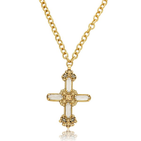 Colar Camila Klein longo corrente crucifixo cristais ouro vintage semijoia