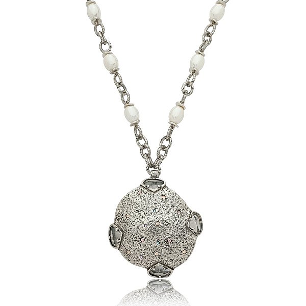 Colar Camila Klein longo corrente pérolas cristais prata vintage semijoia