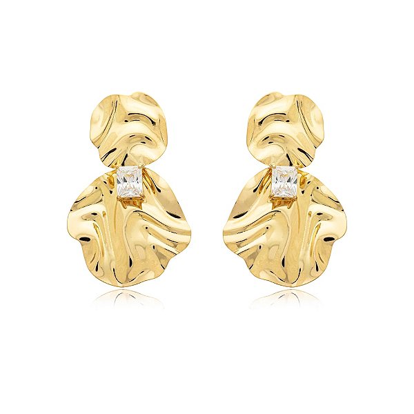 Brinco chapas amassadas zircônia ouro semijoia