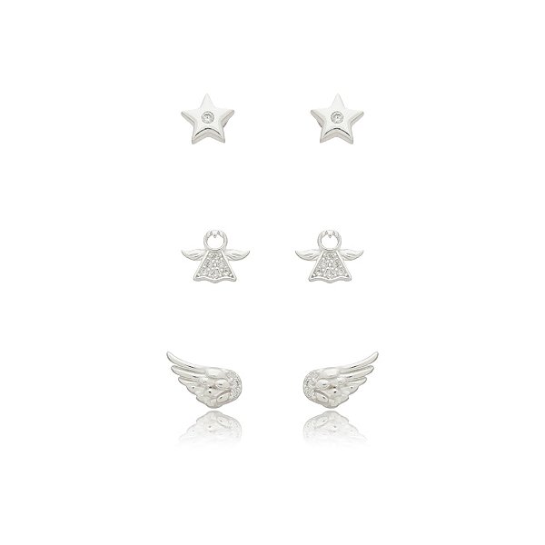 Kit 3 brincos estrela anjinho e asinha zircônia prata 925 5231405