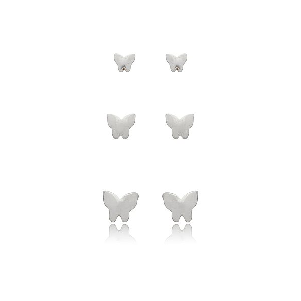Kit 3 brincos borboletas lisas prata 925 4937605