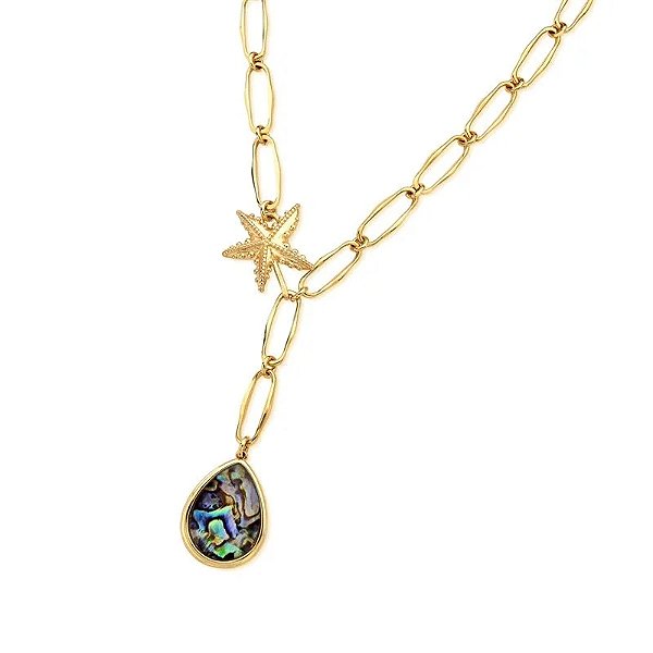 Colar corrente estrela do mar pedra natural abalone ouro semijoia