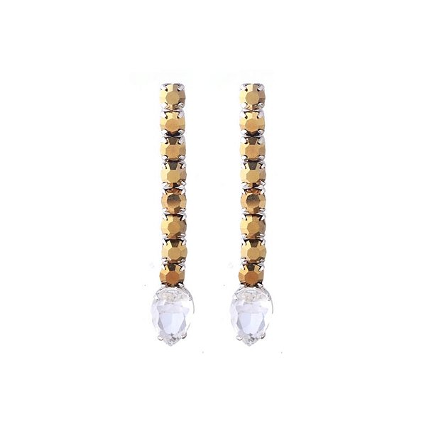 Brinco Juliana Manzini longo gota e strass metallic gold