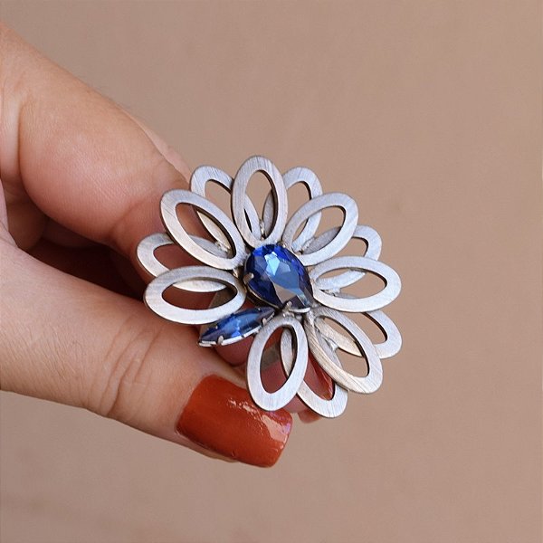 Anel ajustável Lázara Design flor gota azul prata envelhecido