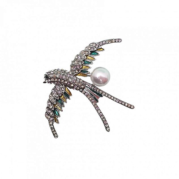Broche magnético andorinha cristais com pérola