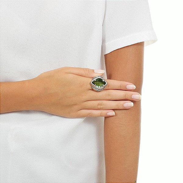 Anel Estela Geromini ajustável strass pedra erenite verde prata