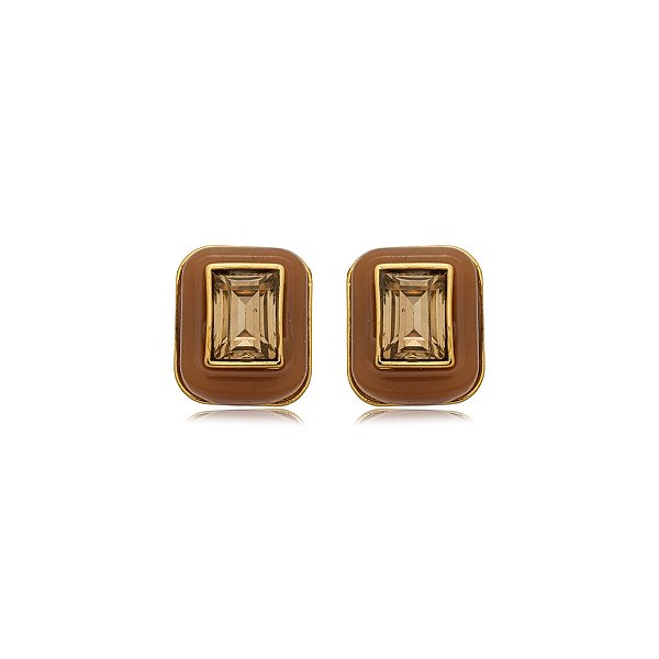 Brinco Palone Design retangular resina cristal dourado