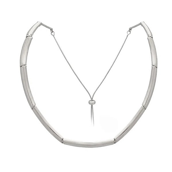 Colar gravatinha metal liso ródio semijoia