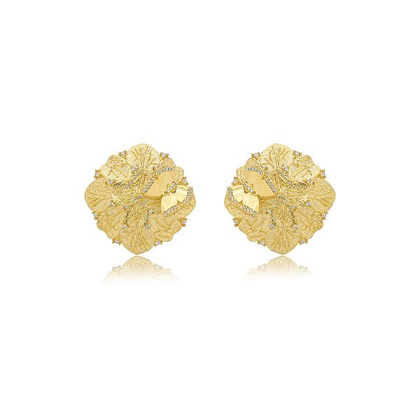 Brinco folhas e borboleta zircônia ouro semijoia