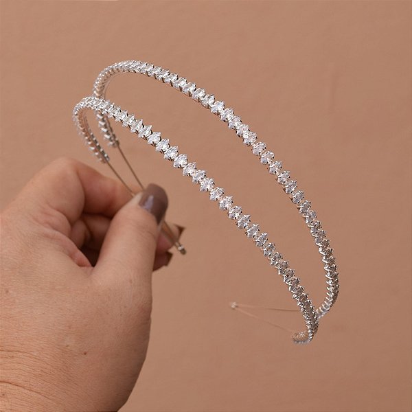 Tiara dupla zircônias navetes cristal prateado HCF-13