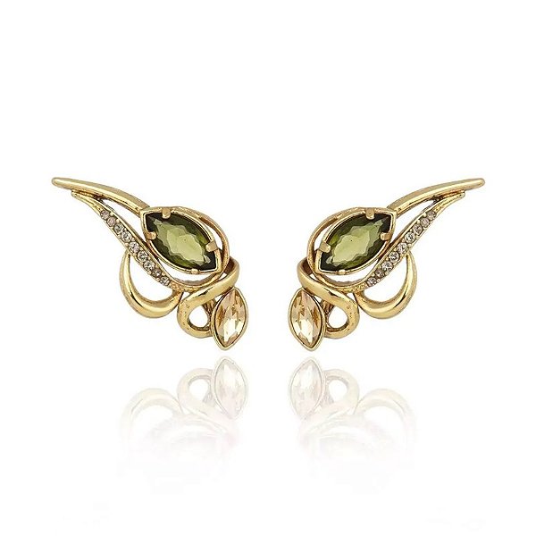 Brinco Claudia Arbex cristais verde e âmbar ouro vintage