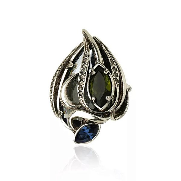 Anel ajustável Claudia Arbex cristais fumê azul e verde prata vintage