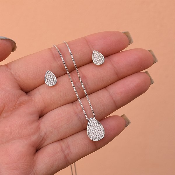 Colar e brinco gota zircônia ródio semijoia 19k01007