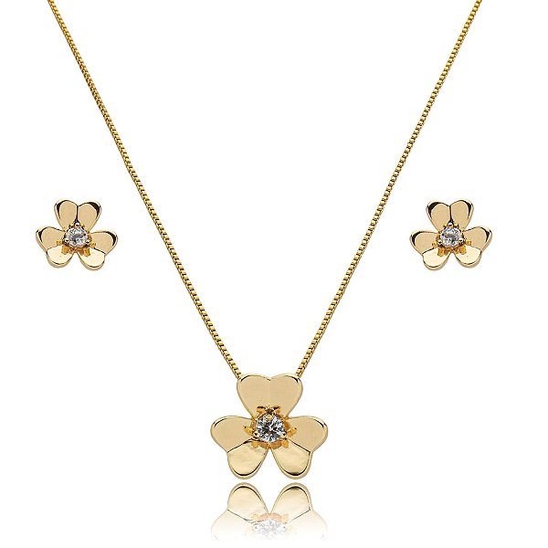 Colar e brinco flor zircônia ouro semijoia 22k09006