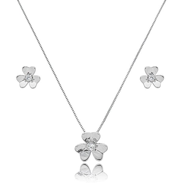 Colar e brinco flor zircônia ródio semijoia 22k09006