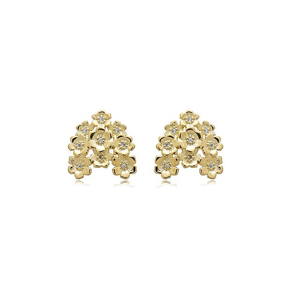 Brinco flores zircônia ouro semijoia