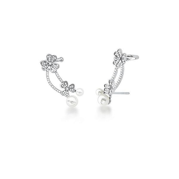 Brinco ear cuff flores pérolas zircônia ródio semijoia