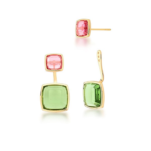 Brinco ear jacket cristais prasiolita e rosa ouro semijoia