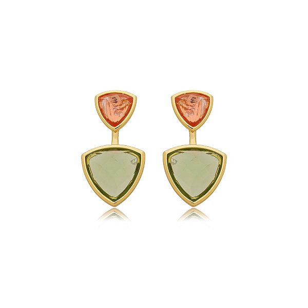 Brinco ear jacket cristais prasiolita e rosa ouro semijoia