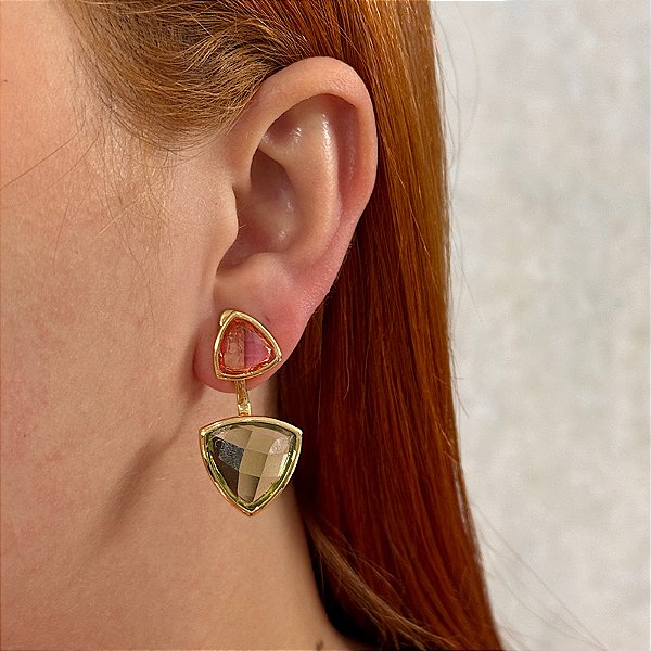 Brinco ear jacket cristais prasiolita e rosa ouro semijoia