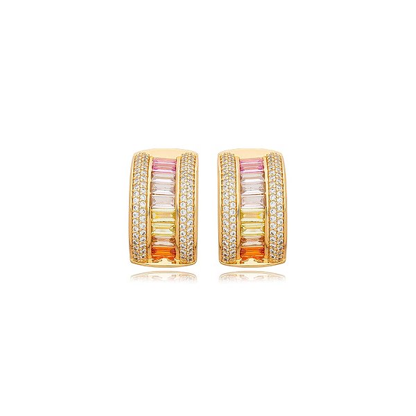 Brinco zircônias baguetes coloridas ouro semijoia