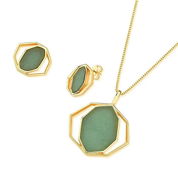 Colar e brinco geométrico pedra natural quartzo verde ouro semijoia