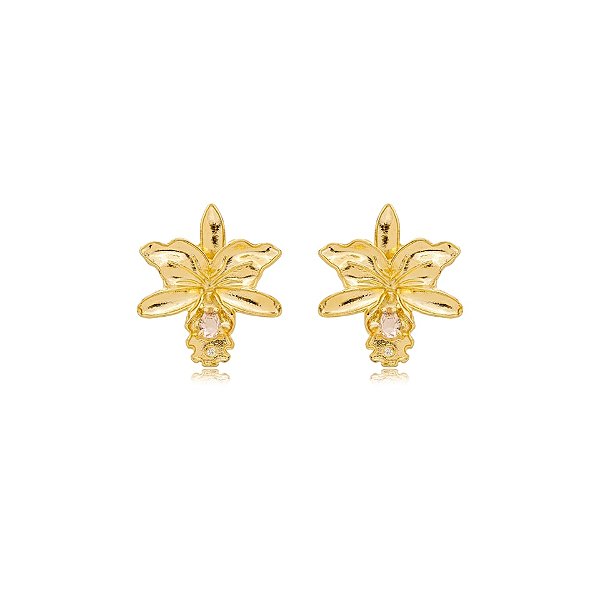 Brinco orquídea cristal rosa ouro semijoia BZ21308AU