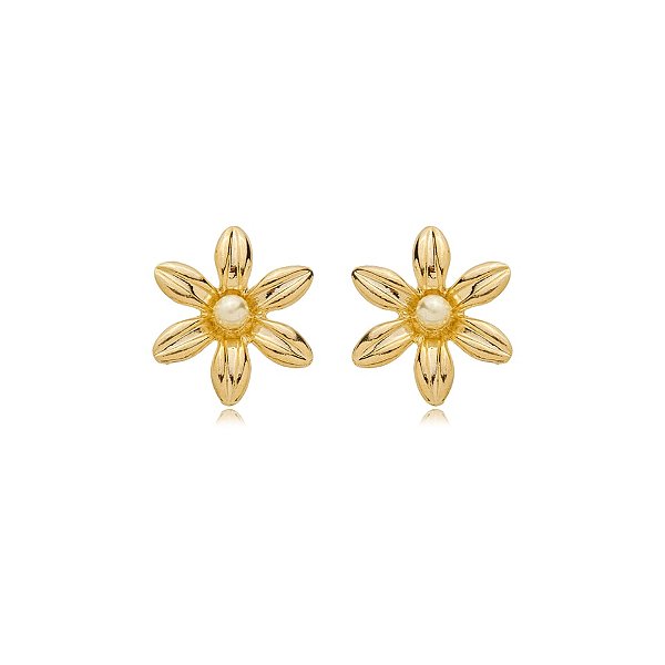 Brinco flor pérola ouro semijoia BZ21290AU