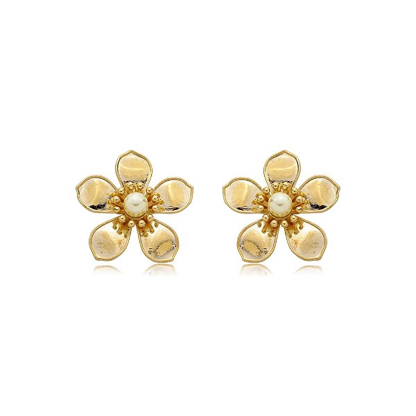 Brinco flor pérola ouro semijoia BZ21292AU