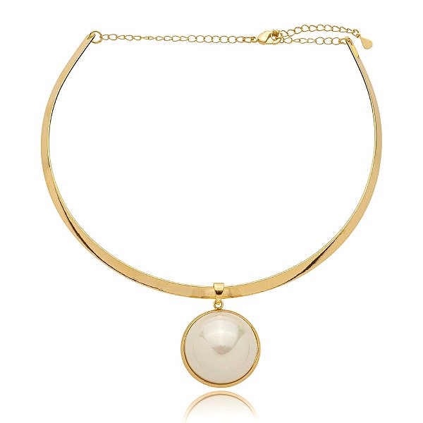 Colar aro meia pérola ouro semijoia 9553