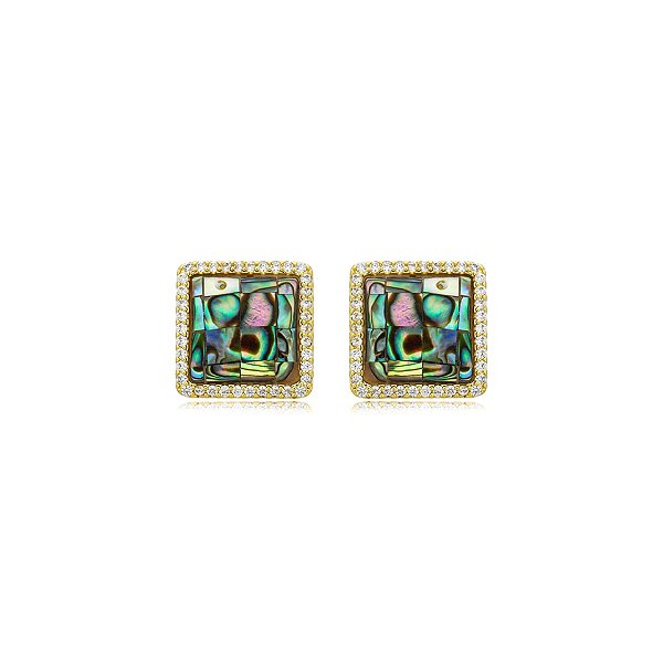 Brinco quadrado pedra natural abalone zircônia ouro semijoia BA 3904