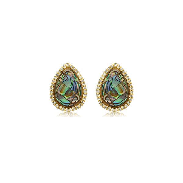 Brinco gota pedra natural abalone zircônia ouro semijoia BA 5137