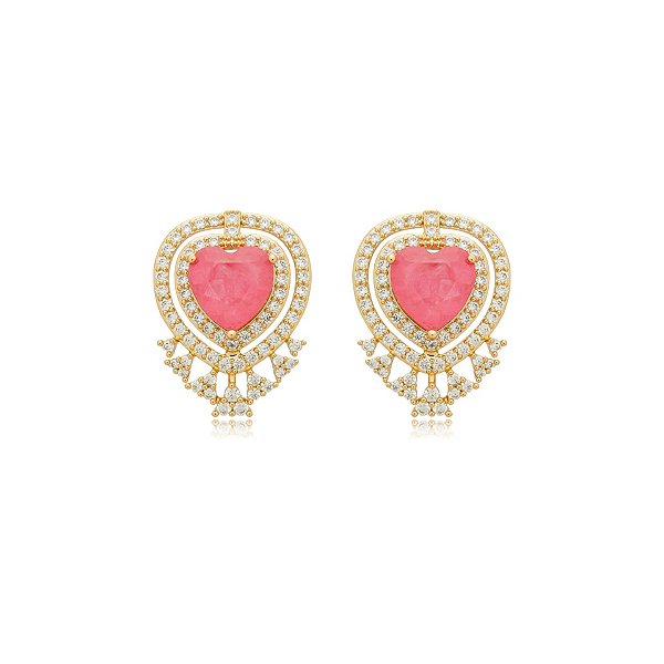 Brinco coração cristal fusion rosa zircônia ouro semijoia BA 5181