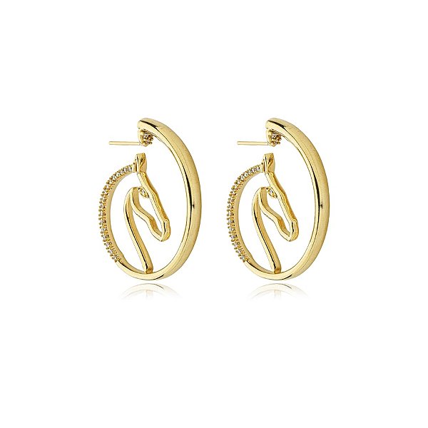 Brinco argola cavalo zircônia ouro semijoia