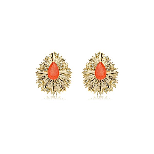 Brinco Elaine Palma gota cristal fusion laranja ouro semijoia