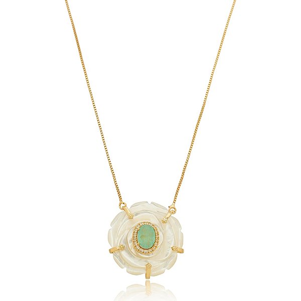 Colar flor madrepérola cristal fusion verde zircônia ouro semijoia XL 2212