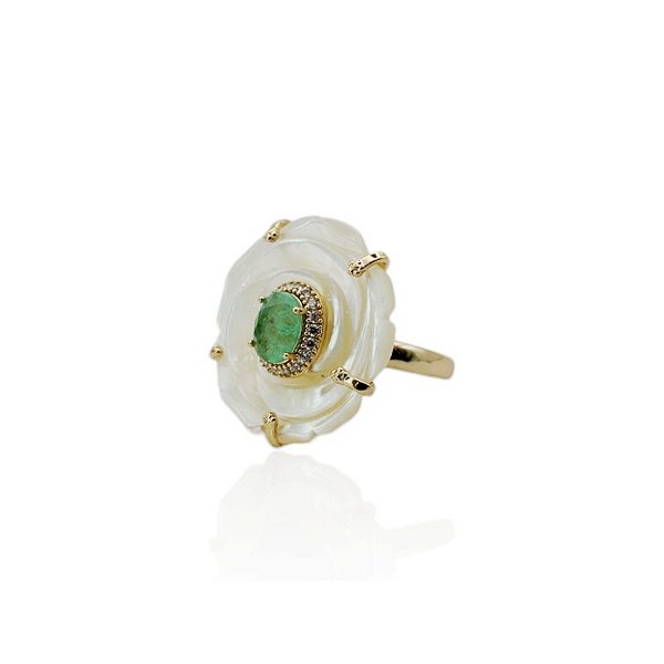 Anel flor madrepérola cristal fusion verde zircônia ouro semijoia AN 409
