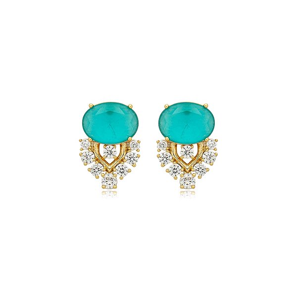Brinco cacho cristal azul zircônia ouro semijoia BA 5253