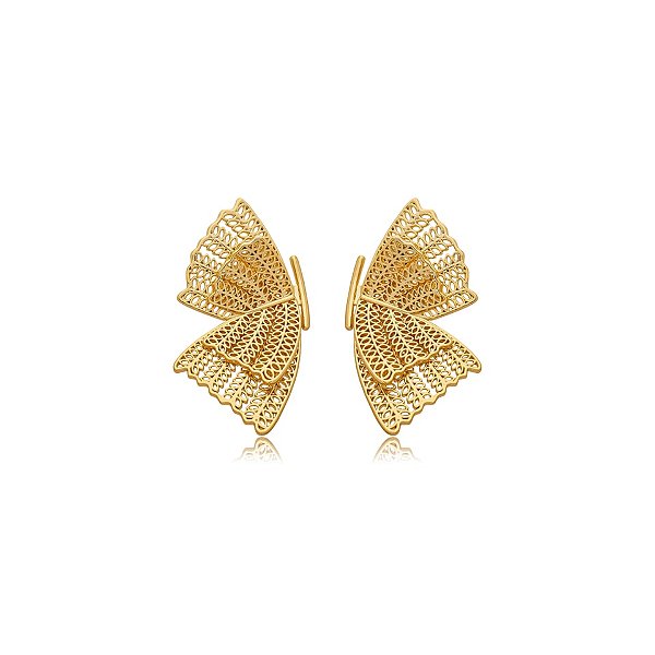 Brinco borboleta metal rendado ouro semijoia BA 5264