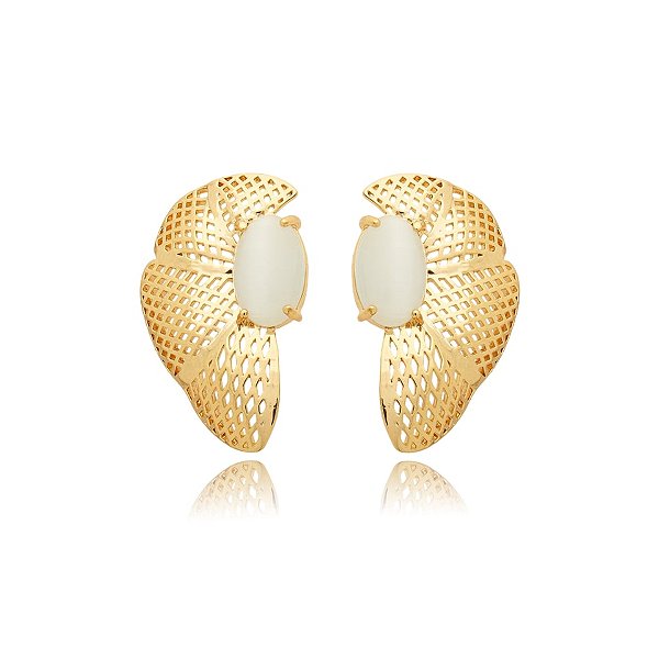 Brinco pétalas metal rendado cristal olho de gato ouro semijoia BA 5231
