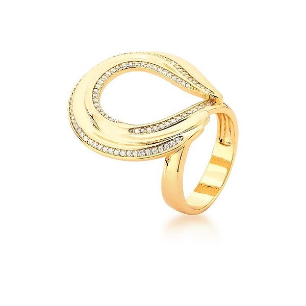 Anel curvado zircônia ouro semijoia
